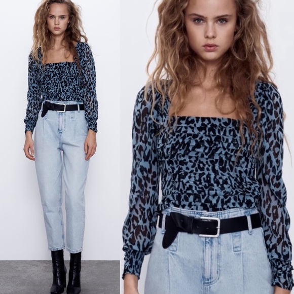 Zara Blue Animal Print Square Neck Top - Picture 11 of 11